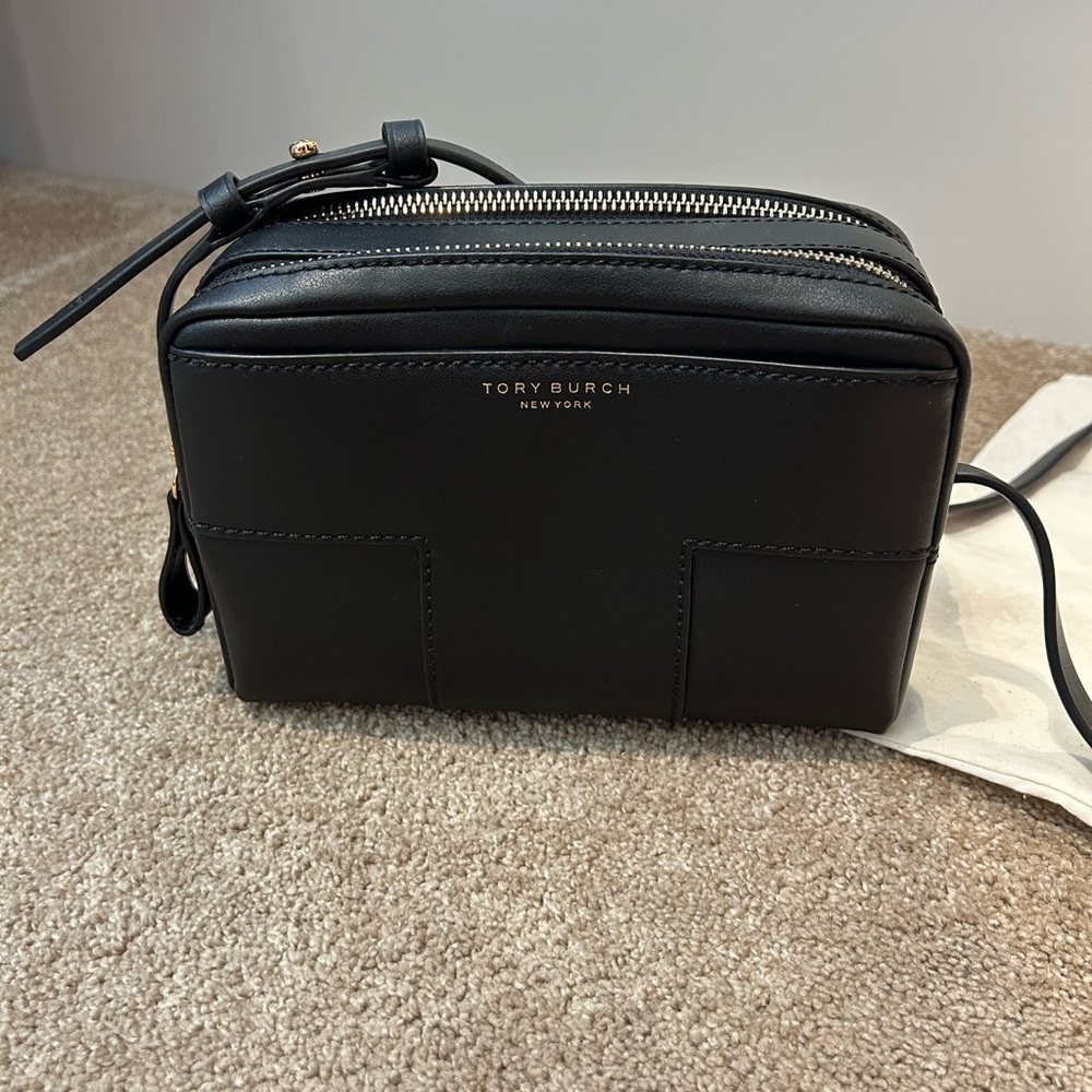 Tory Burch Black Block T Double Zip Crossbody Bag